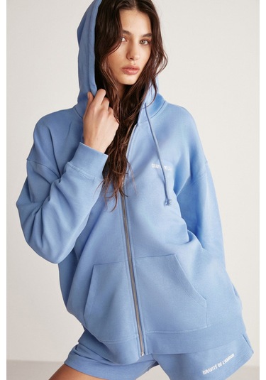 GRIMELANGE Ametıs Kadın Oversize Organik Pamuklu Metal Fermuarlı Kapüşonlu Mavi Sweatshirt Mavi