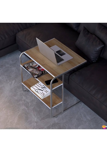 Modilayn C Yan Sehpa Geniş Boy Tekerlekli Çalışma, Atıştırmalık, Yemek, Laptop Sehpası Meşe Beyaz - Meşe