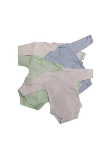 Uzun Kollu Çıtçıtlı Badi Bisiklet Yaka Hava Alır Kumaş  Zıbın 0 - 48 Ay  4'lü Paket Beyaz - Krem - Yeşil - Mavi