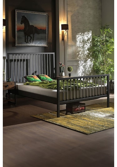 Breeze Çift Kişilik Ferforje Metal Karyola Siyah-gri Ahşap Latalı