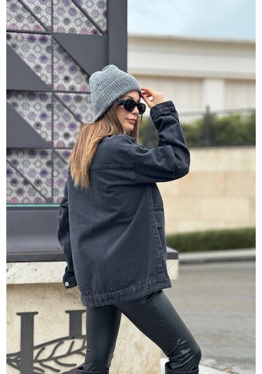 Kadın Siyah Geniş Cepli, Kaliteli Jeans Kumaş, Salaş Kot Ceket Siyah