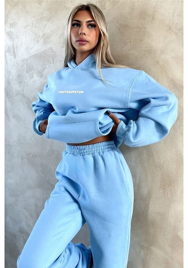 Bebe Mavisi That So Fetch Eşofman Takımı - Baskılı Oversize Kapüşonlu Şardonlu Bebe Mavisi