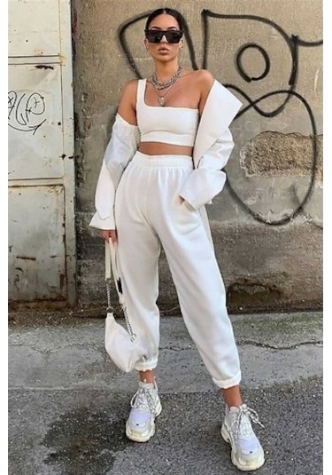 Mad Girls Beyaz Paça Lastikli Oversize Kadın Eşofman Mg324 BEYAZ