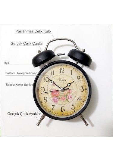 Klasik Retro Fosforlu Işıklı Sessiz Kayar Saniyeli Çalar Saat