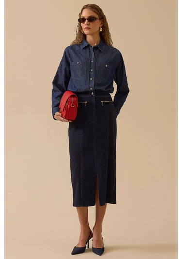 Seçil Kadın Çift Kumaşlı Yırtmaç Detaylı Jean Etek 0001 Lacivert Lacivert