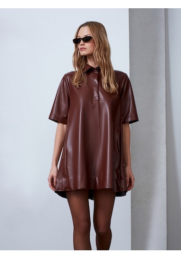 Dilvin 90934 Suni Deri Mini Gömlek Elbise-karamel Karamel
