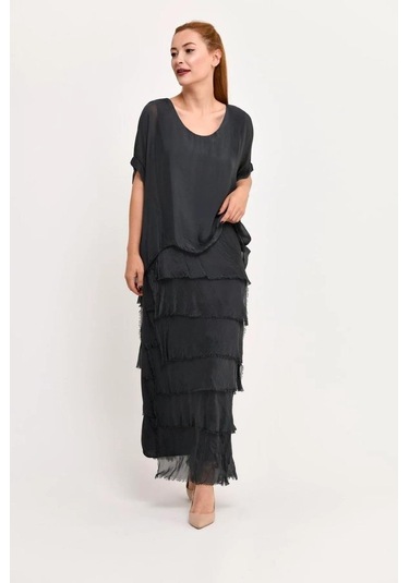 İtalyan 2 Beden İnce Gösteren Yarım Kol Kat Kat Ipek Elbise Antrasit