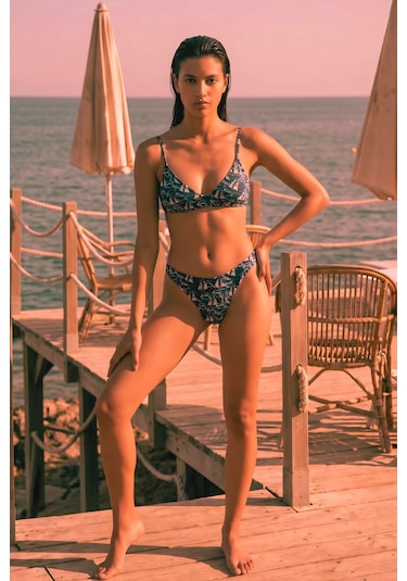 Akdeniz Yelkenli Ve Dalga Desenli Premium Üçgen Bikini Set -3465 Lacivert