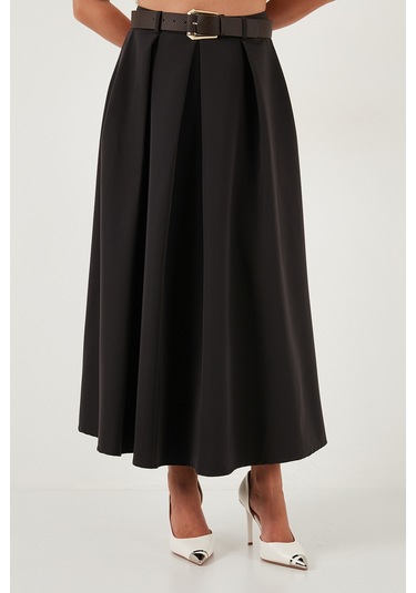 Lela Modest Kemerli Comfort Fit Yüksek Bel Pileli Kloş Uzun Tesettür Bayan Etek 6833360 Koyu Kahve