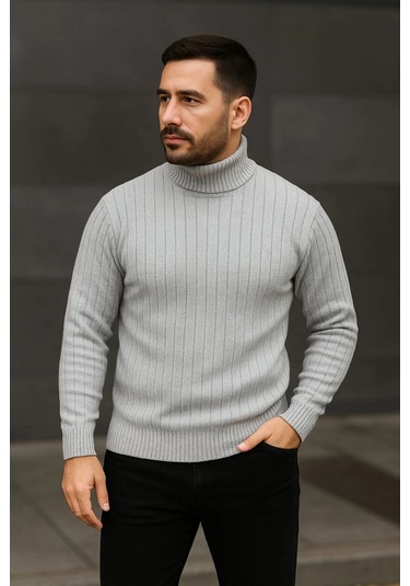 Balıkcı Yaka Bağazlı Triko Kazak Pamuklu Kalın Fitilli Dokuma, - Gri Gri