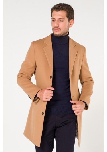 Slim Fit V Yaka Kışlık Pudra Kaşe Kaban-Pudra