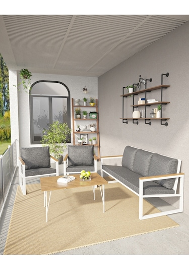 Avvio Newyork Minderli Bahçe, Cafe - Salon - Metal Kanepe Koltuk3 1 1 Sehpa Beyaz