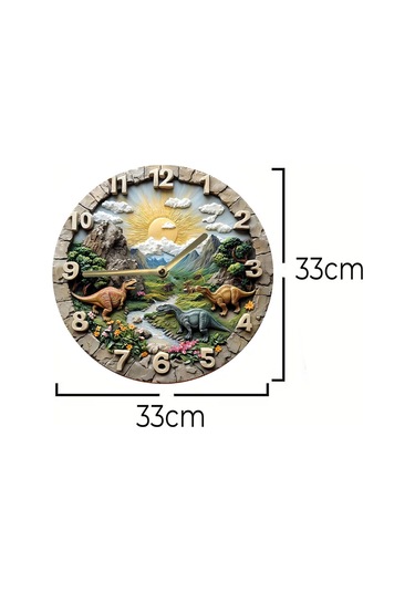Sessiz Yuvarlak Ahşap Duvar Saati, Kuvars Dinazorlar 2d Sdw027 Renkli