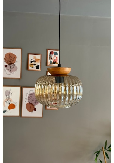 Mola Cam Bal Rengi Tekli Avize Tabak Ahşap Başlık Retro Sarkıt Lamba Restoran Salon Aydınlatma Bal