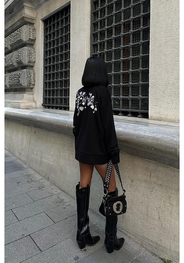 Kadın Siyah Dokuma Oversize Uzun Kollu Sweatshirt Siyah