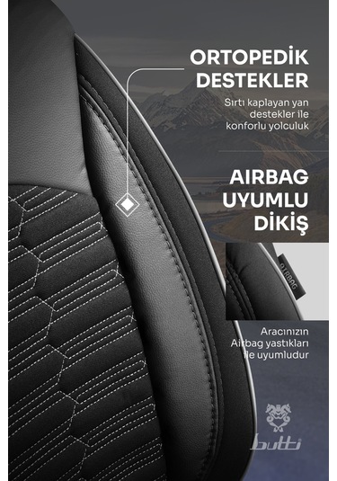 Siyah - Gri Butti Libro Serisi Keten Kumaş Premium Oto Koltuk Kılıfı Destekli, Ön Arka Tam Set
