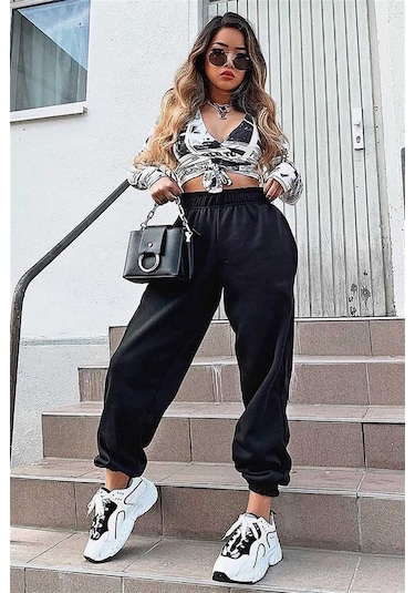 Madmext Mad Girls Siyah Paça Lastikli Oversize Kadın Eşofman Mg324-siyah Siyah