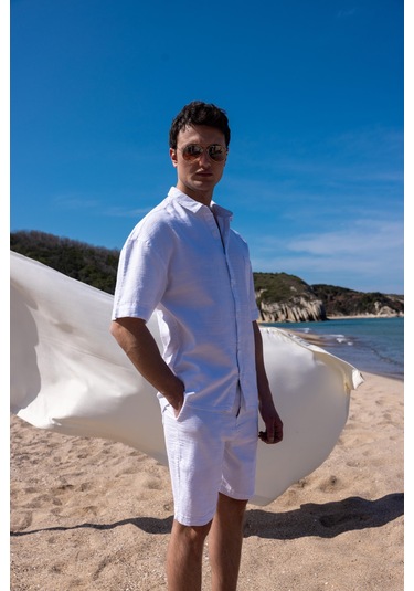 Keten Kumaş Beyaz Renk Cep Detaylı Gömlek Şort Erkek Takım-1733 Beyaz