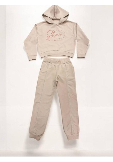 Kız Çocuk Kapüşonlu She Is Me Yazılı Eşofman Takım-15365 Bej