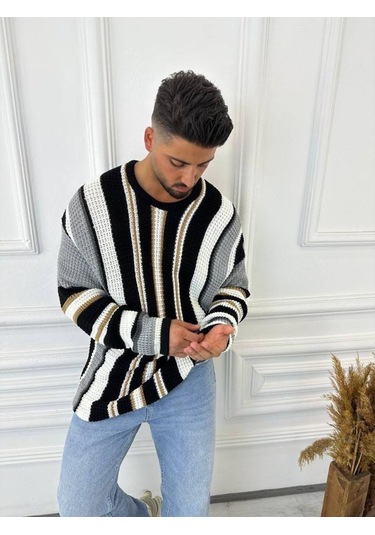 Kazak Oversize Renkli Örgü Desenli Naturel Pamuk Bol Kesim Salaş Triko Kazak Gri