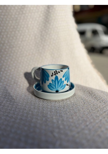 El Yapımı Seramik Kupa, Mug, Türk Kahvesi Bardağı Mavi Çiçek