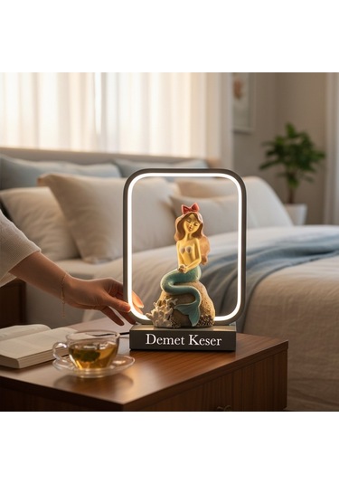 Kişiye Özel İsimli Deniz Kızı Figürlü Led Masa Lambası Modern Dekoratif Gece Lambası