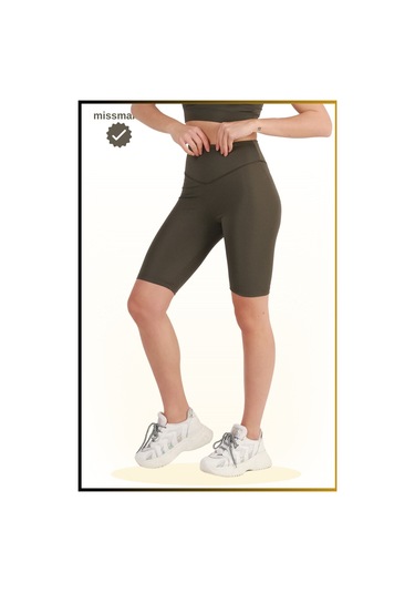 Kadın Haki Yüksek Bel Toparlayıcı Kısa Spor Tayt Biker Şort Basics Casual & Comfort 1070 Haki