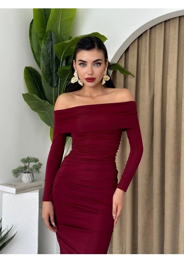 Dakota Drapeli Elbise Bordo