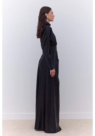 Manuka Saten Omuz Drapeli Abiye Elbise Siyah