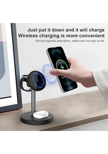 Honeybeeshop Yeşil 3lü 1 Arada Manyetik Kablosuz Şarj Standı İphone İOs Watch Uyumlu Airpods İçin