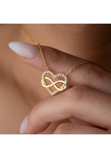 925 Ayar Gümüş Taşlı Sonsuzluk Ve Kalp Kolye Gold