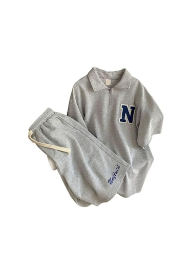 2 Adet/takım Moda Fermuar Yaka Nem Emici Diz Boyu Kadın Düz Renkli Tişört Geniş Bacak Şort Takımı Streetwear Rahat Kıyafet Açık Gri