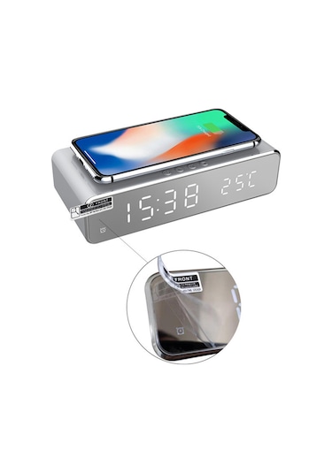 Geeksen Siyah Masaüstü Kablosuz Şarj Cihazı - Alarm Saati, Zaman Ve Sıcaklık Gösterici Led Ekranlı