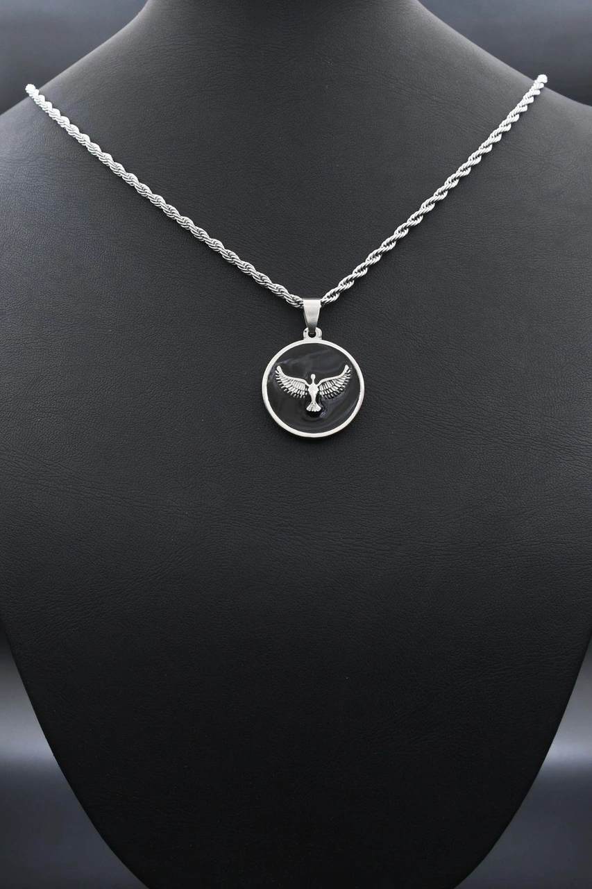 Anka Kuşu - Kartal Figürlü Kolye Paslanmaz Çelik Zincir 3mm 902301 Gümüş