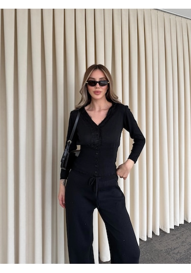 Laluvia Siyah Dantelli İkili Triko Takım - 2602 Siyah