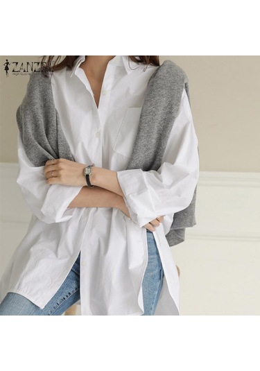 Lacivert Zanzea Vintage Kadın Yaka Boyun Düğmesi Ön Tunik Gömlek Gevşek Rahat Uzun Kollu Düzensiz Bluz Üstleri L Lacivert