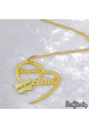 Magümüş Kalp Kelebek İsim Tarih Yazılı Altın Kaplama Gümüş Kadın Kolye