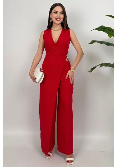 Crimson Icon Kadın Kemer Detaylı Askılı Bol Paça Kırmızı Tulum Rahat Şık Yazlık Kombin Kırmızı