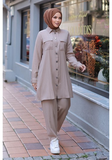 Cep Detaylı Tesettür Vizon Takım Vizon