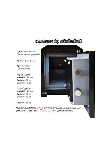 U.S.F Ev ve Ofis Tipi Çift Anahtarlı Çelik Para Kasası 35 x 30 x 40 CM 25 KG Siyah