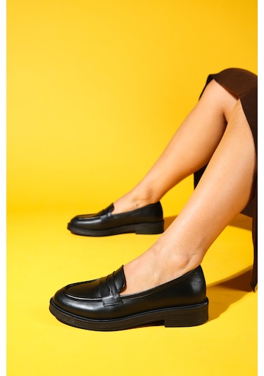 Pline Siyah Cilt Hakiki Deri Kadın Loafer Ayakkabı Siyah