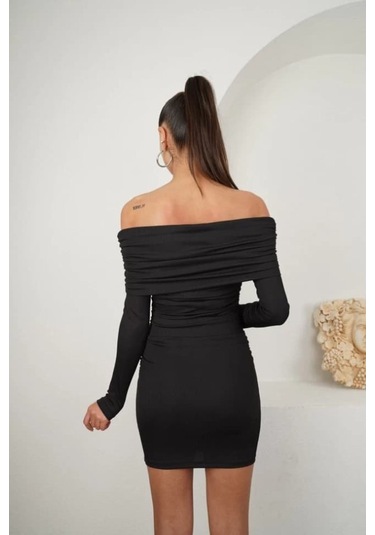Kadın Madonna Mendil Yaka Fırsat Ürün Büzgülü Mini Elbise Siyah