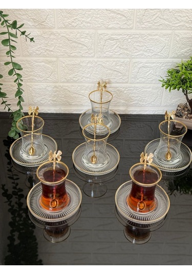 Çeyizci Çarşı 18 Parça Çay Seti Gold Kelebek Çay Kaşıklı 6 Bardak 6 Tabak 6 Kaşık Gold