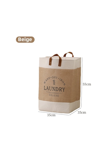 Baskılı Bej Büyük Kapasiteli Çamaşır Sepeti, Katlanabilir Bej
