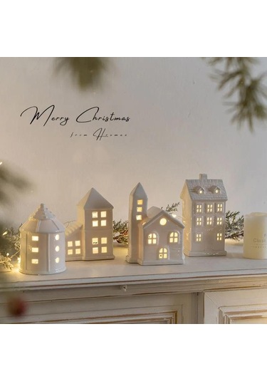 Neevoyu Keramik Led Ev Figürü, Yumuşak Işık Noçturnu, Dekoratif Ev Tatlısı, Hediyelik Ithalatlı Ürün Beyaz