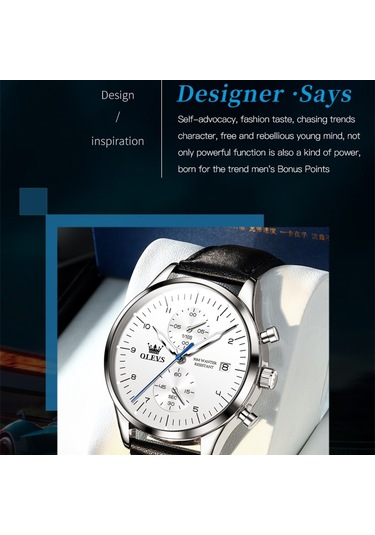 Olevs 2880 Erkekler Çok Fonksiyonlu İş Su Geçirmez Deri Kayış Kuvars Saat Beyaz