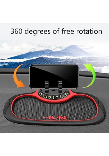 Ranyeek Araba İçin 360 Döner Telefon Tutucu Ve Gizli Park Numaralı Pvc Anti Kayma Dashboard Mat Kırmızı Kırmızı