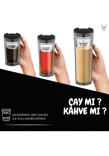 Star Termos Star Mug 350 Ml Opak Seri - Siyah Çift Katmanlı Mug - Piknik Kamp Outdoor Ofis Otel Kafe Okul Kampüs Siyah