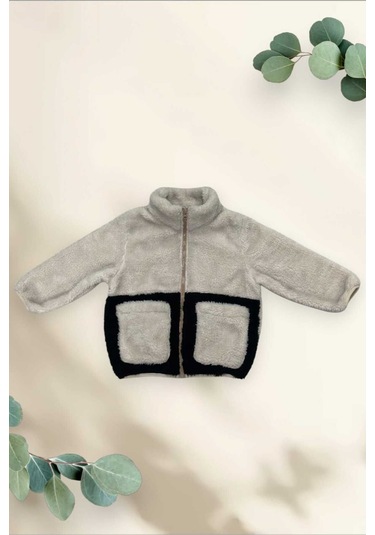 Kız Çocuk Peluş Ekru Siyah Cepli Fermuarlı Welsoft Kışlık Mont Ekru