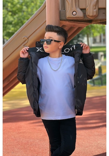 Erkek Çocuk Çıkarılabilir Kapüşonlu Baskılı Yakası Detaylı Kışlık Mont Km3501 Siyah